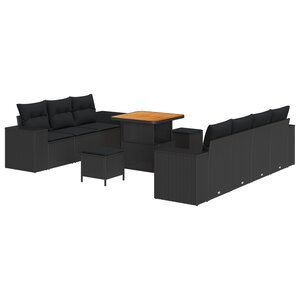 Ensemble de 10 Pièces de Canapé de Jardin avec Coussins Noir Rattan Poly Acacia