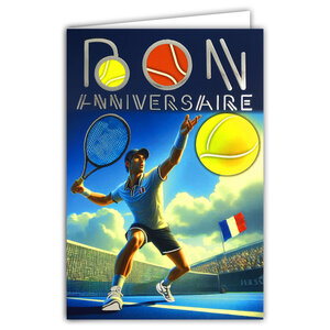 65-1426 Carte Bon ANNIVERSAIRE TENNIS Texte ARGENTÉ Brillant avec Enveloppe 12x17 5cm Pour sportif sportive tennisman tenniswoman joueur joueuse sport de raquette balle jaune court supporter la France