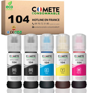 COMETE, Entreprise Française- 104- pack 5 Recharges Ecotank Compatibles EPSON