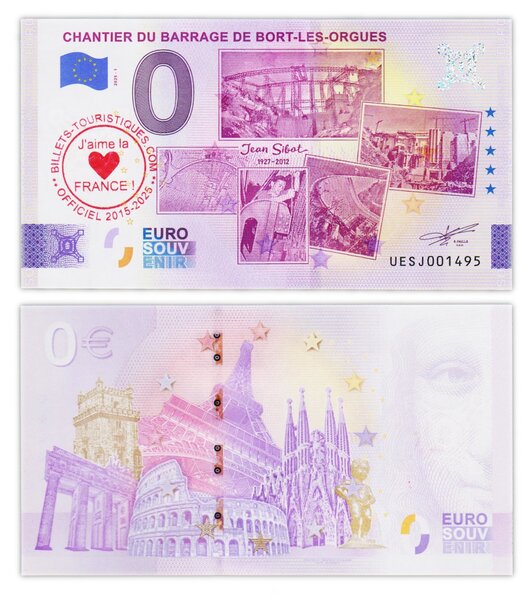 Billet de Collection 0 euro souvenir Chantier du Barrage de Bort les Orgues - 2025 - France - neuf - tampon coeur