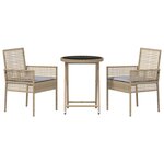 Ensemble Bistro de Jardin 3 Pièces avec Coussins Beige en Poly Rattan