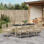 Ensemble de salle à manger de jardin 9 pièces avec coussins beige en poly rattan