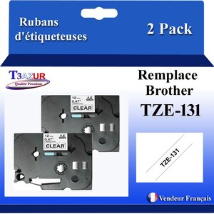 2x Rubans d'étiqueteuses compatibles avec Brother Tze131 Tze-131 pour étiqueteuses P-touch - Texte noir sur fond transparent - Largeur 12 mm x 8 mètres - T3AZUR