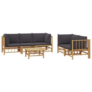Salon de jardin meuble d'extérieur ensemble de mobilier 6 pièces avec coussins gris foncé bambou 02_0016781