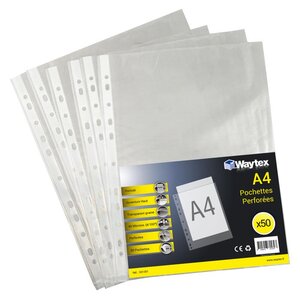 Chemise Pochette perforée A4, transparent grainé, 40 mic sachet de 50 WAYTEX