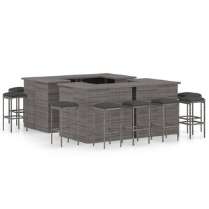 vidaXL Meuble de bar de jardin 16 Pièces et coussins Résine tressée Gris