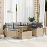 Ensemble de Canapés de Jardin 6 Pièces avec Coussins Beige Rattan Poly