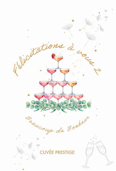 69-3140 Carte Félicitations à vous 2 Bonheur Cuvée Prestige Coupes Champagne Cocktail Peinture Aquarelle -Finitions Dorure Or Doré + Gaufrage en Relief +1 Enveloppe Format 12x17cm -Fabriqué en Europe