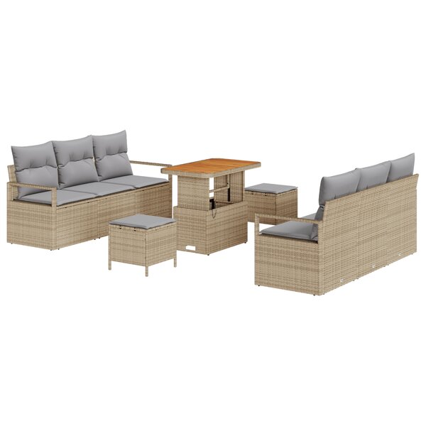Ensemble de canapé de jardin 9 pièces avec coussins Beige Poly Rattan Acacia