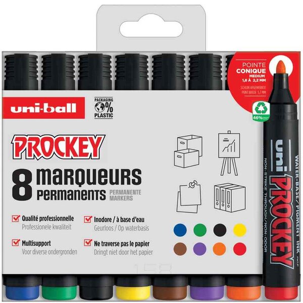 Etui de 8 Marqueurs Permanent PROCKEY PM122/8 PF Assortis UNI-BALL