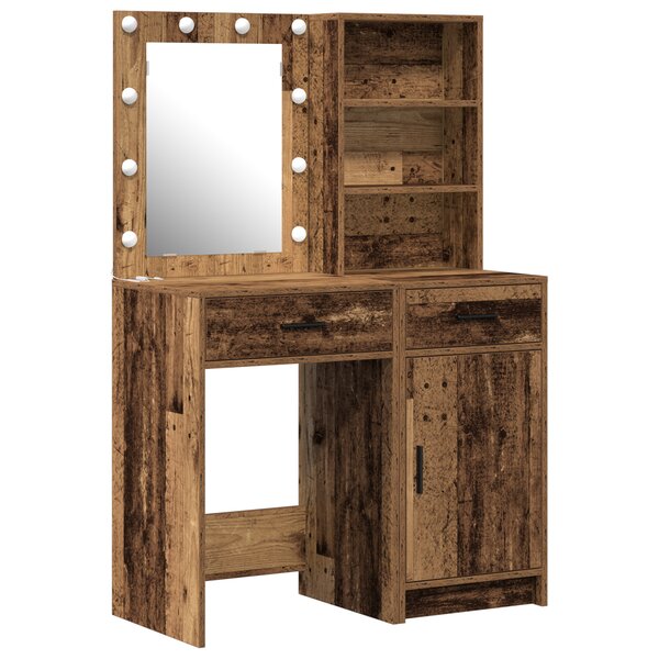 Ensemble de coiffeuse 2 pièces avec LED en bois vieilli en bois d'ingénierie