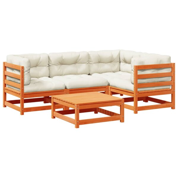vidaXL Salon de jardin 5 Pièces avec coussins cire marron bois pin massif