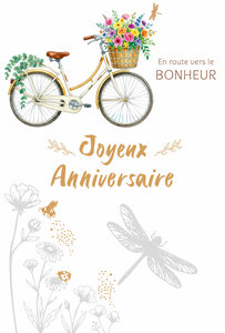 69-3109 Carte Anniversaire pour Fille Femme à Bicyclette Vélo Panier Fleuri peint à l'Aquarelle Champêtre -Finitions Dorure Or Doré + Gaufrage en Relief +1 Enveloppe Format 12x17cm -Fabriqué en Europe