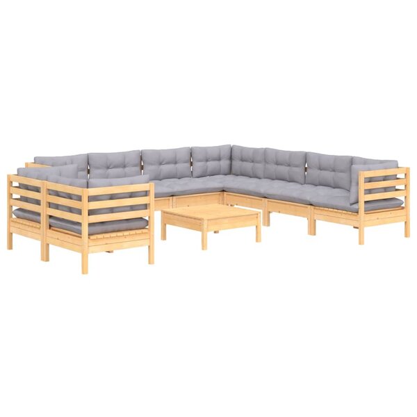 Salon de jardin meuble d'extérieur ensemble de mobilier 10 pièces avec coussins gris bois de pin massif 02_0015021