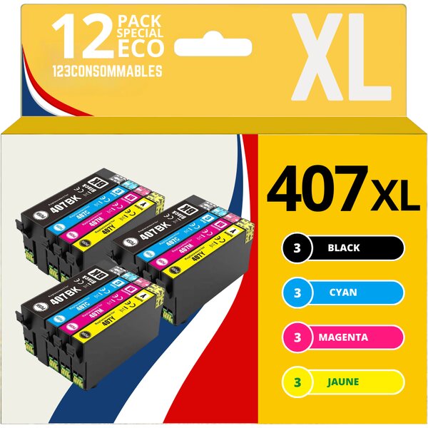 123CONSOMMABLES - Pack de 12 Cartouches d'encre compatibles avec Epson 407XL WorkForce Pro WF-4745DTWF (3 Noires 3 Cyan 3 Magenta 3 Jaune)