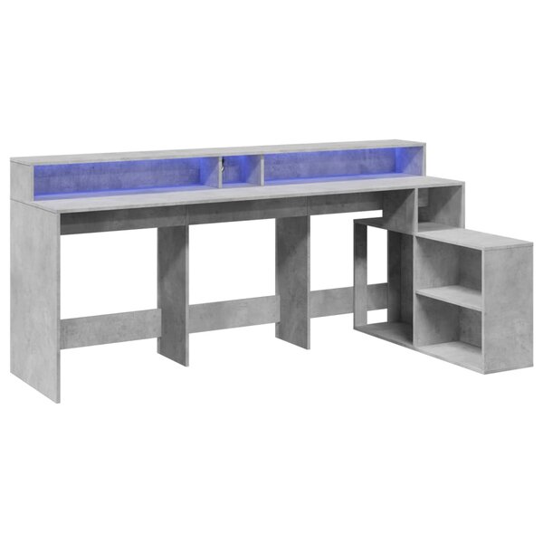 Bureau table poste de travail meuble d'ordinateur informatique étude et lumières LED 200 x 104 x 91cm bois ingénierie gris 02_0023802