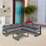 Ensemble salon de jardin d'angle design contemporain style yachting 5 places coussins table basse inclus banquette 3 places réglable alu. gris