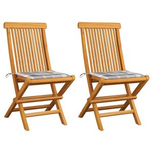 vidaXL Chaises de jardin lot de 2 avec coussins à carreaux gris Teck