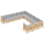 vidaXL Salon de jardin 11 Pièces avec coussins gris bois de pin
