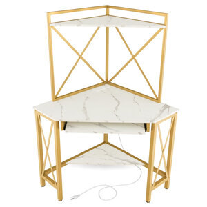 Bureau d'angle avec clapier bureau peu encombrant étagères plateau pour clavier table avec huche 113 x 75 x 145 cm cadre en métal blanc 20_0007973