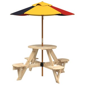 vidaXL Table de pique-nique pour 4 enfants avec parasol rond sapin