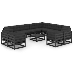 Salon de jardin meuble d'extérieur ensemble de mobilier 13 pièces avec coussins noir bois de pin massif 02_0015766