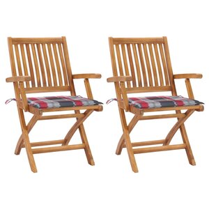 vidaXL Chaises de jardin lot de 2 avec coussins à carreaux rouge Teck