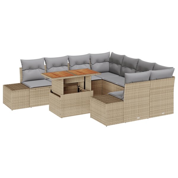 vidaXL Set de salle à manger de jardin 9 pièces avec coussins Beige Poly Rattan Acacia