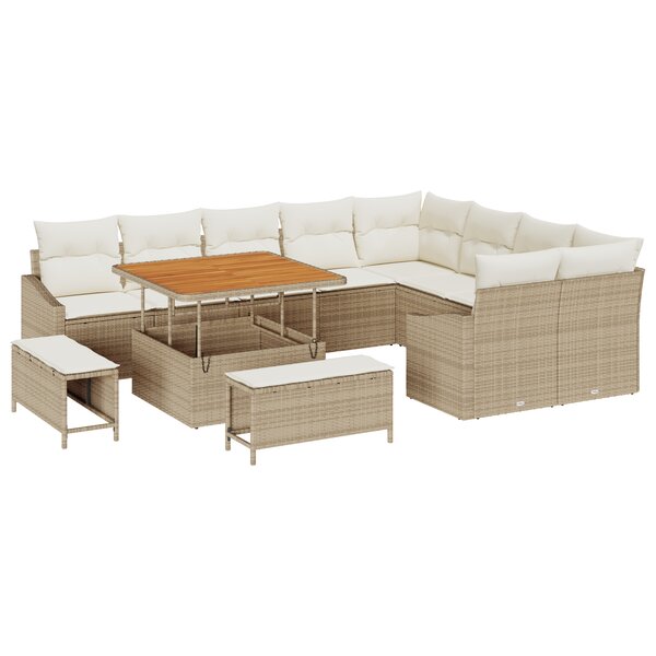 Canapé de jardin de 12 pièces avec coussins en rotin poly beige acacia