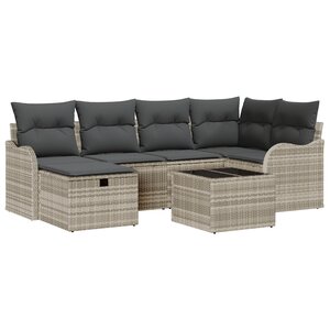 Ensemble de canapés de jardin de 7 pièces avec coussins gris clair poly rotin