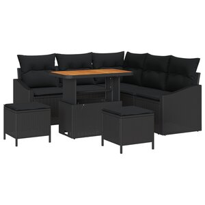 Ensemble de Canapé de Jardin de 8 Pièces avec Coussins Noir Poly Rattan Acacia