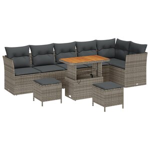 Ensemble de Canapé de Jardin 9 Pièces avec Coussins Rattan Gris Poly Acacia