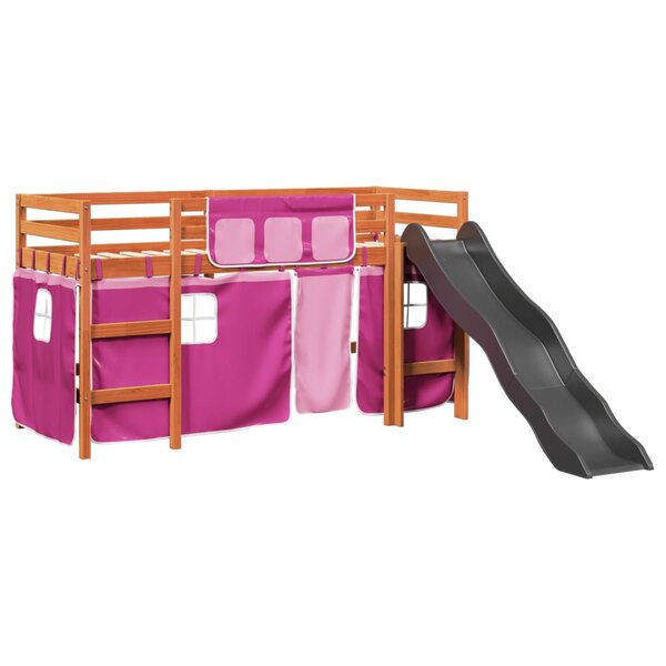 vidaXL Lit mezzanine enfants et rideaux rose 80x200cm bois pin massif