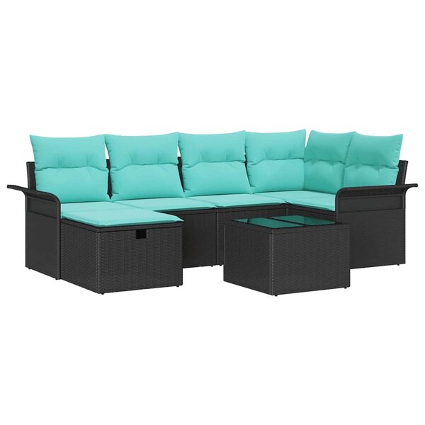 vidaXL Ensemble de canapé de jardin 7 Pièces Noir et turquoise polyrotin