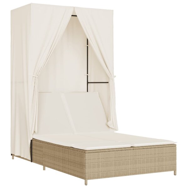 vidaXL Chaise longue double avec toit et rideaux beige résine tressée