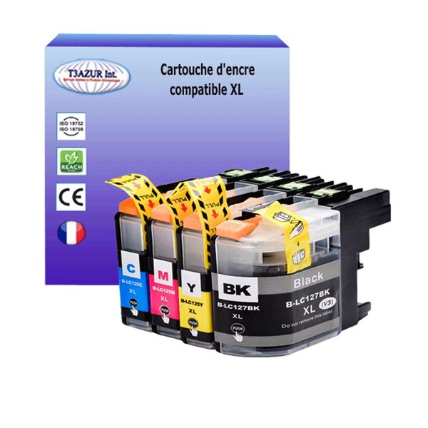 T3AZUR Lot de 4 Cartouches compatibles avec Brother LC127XL  LC125XL pour Brother MFC-J4510DW  MFC-J4610DW