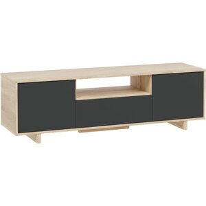 Meuble TV ZAIRA - Mélaminé Anthracite et chêne - 3 Portes - 150 x 41 x 46 cm