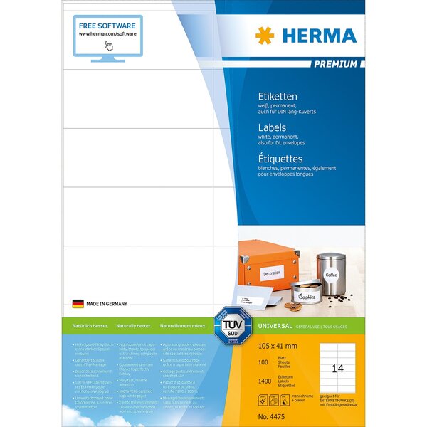 Boite de 1400 etiquettes universelles premium 105 x 41 mm sur 100 f blanc herma