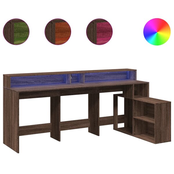 Bureau table poste de travail meuble d'ordinateur informatique étude et lumières LED chêne bois d'ingénierie brun 02_0023791