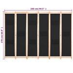 vidaXL Cloison de séparation 6 panneaux Noir 240 x 170 x 4 cm Tissu