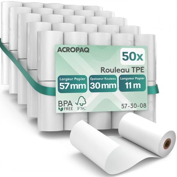 ACROPAQ 50 Rouleaux de Caisse 57x30x8mm- Thermique 11 4 m-Terminaux de paiement- 50 Bobines TPE- Sans BPA- Dimensions Universelles