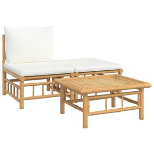 vidaXL Salon de jardin 3 Pièces avec coussins blanc crème bambou