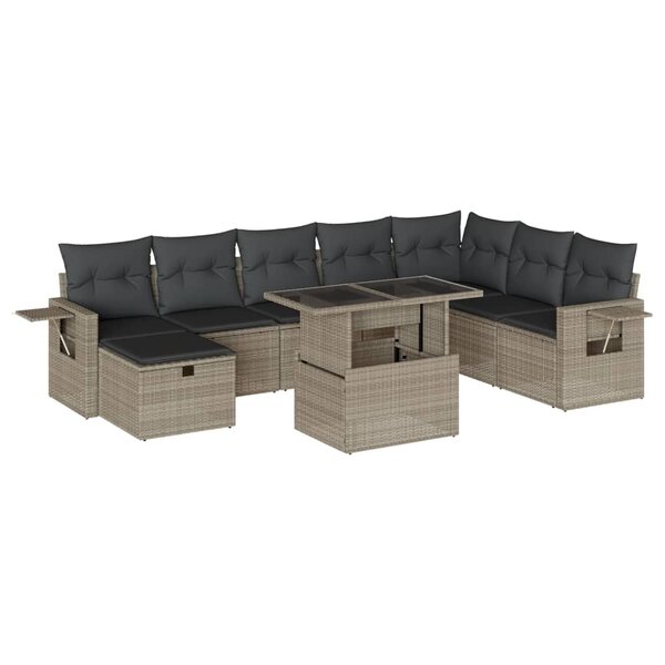 vidaXL Salon de jardin 9 Pièces avec coussins gris clair résine tressée