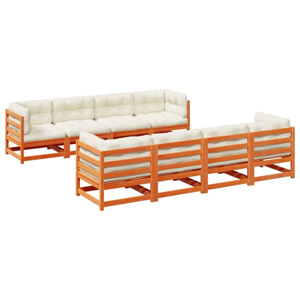 vidaXL Salon de jardin 9 Pièces avec coussins marron cire bois pin massif