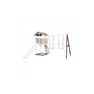 AXI Beach Tower avec Balancoire Double Marron Blanc Toboggan Blanc