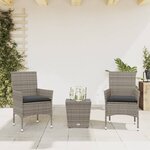 vidaXL Ensemble de bistro avec coussins 3 Pièces gris rotin et verre