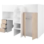Lit combiné mezzanine enfant décor blanc et chêne avec sommier inclus 90 x 200 cm