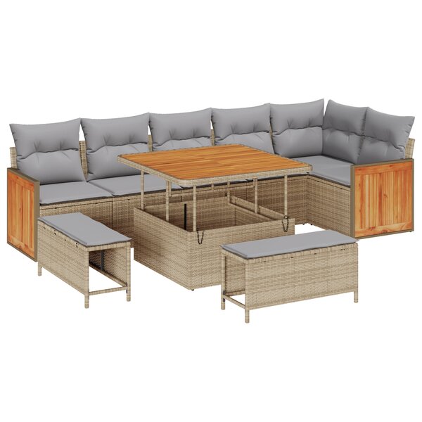 Ensemble de canapés de jardin 9 pièces avec coussins beige en poly rattan