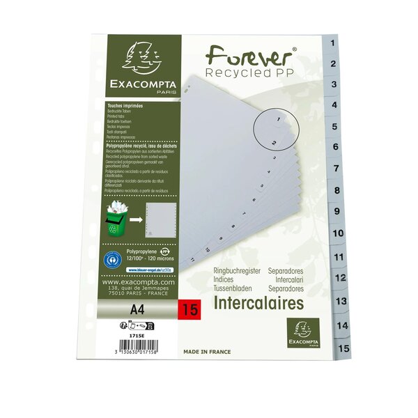 Intercalaires Imprimés Numériques Pp Recyclé Gris - 15 Positions - A4 - Gris - X 20 - Exacompta