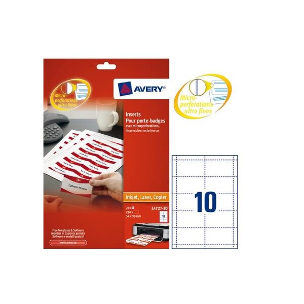 Boite de 200 bristols microperforés 190/m² en planche A4 pour badges 5 4x9 cm AVERY